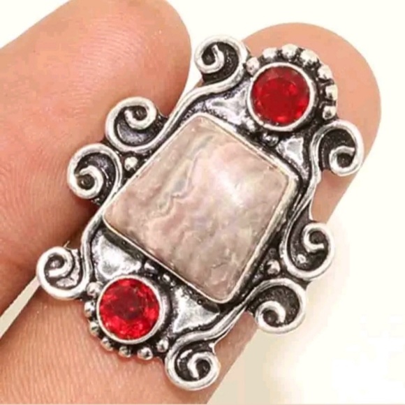 New Rhodochrosite and Garnet 925 Silver Ring. - Picture 1 of 1